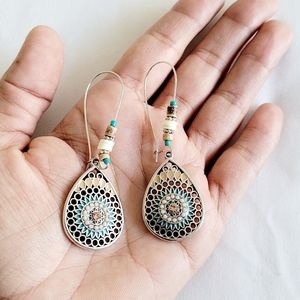 BOHO Silver Filigree Painted Cream Turqoise Beaded Dangle Earrings